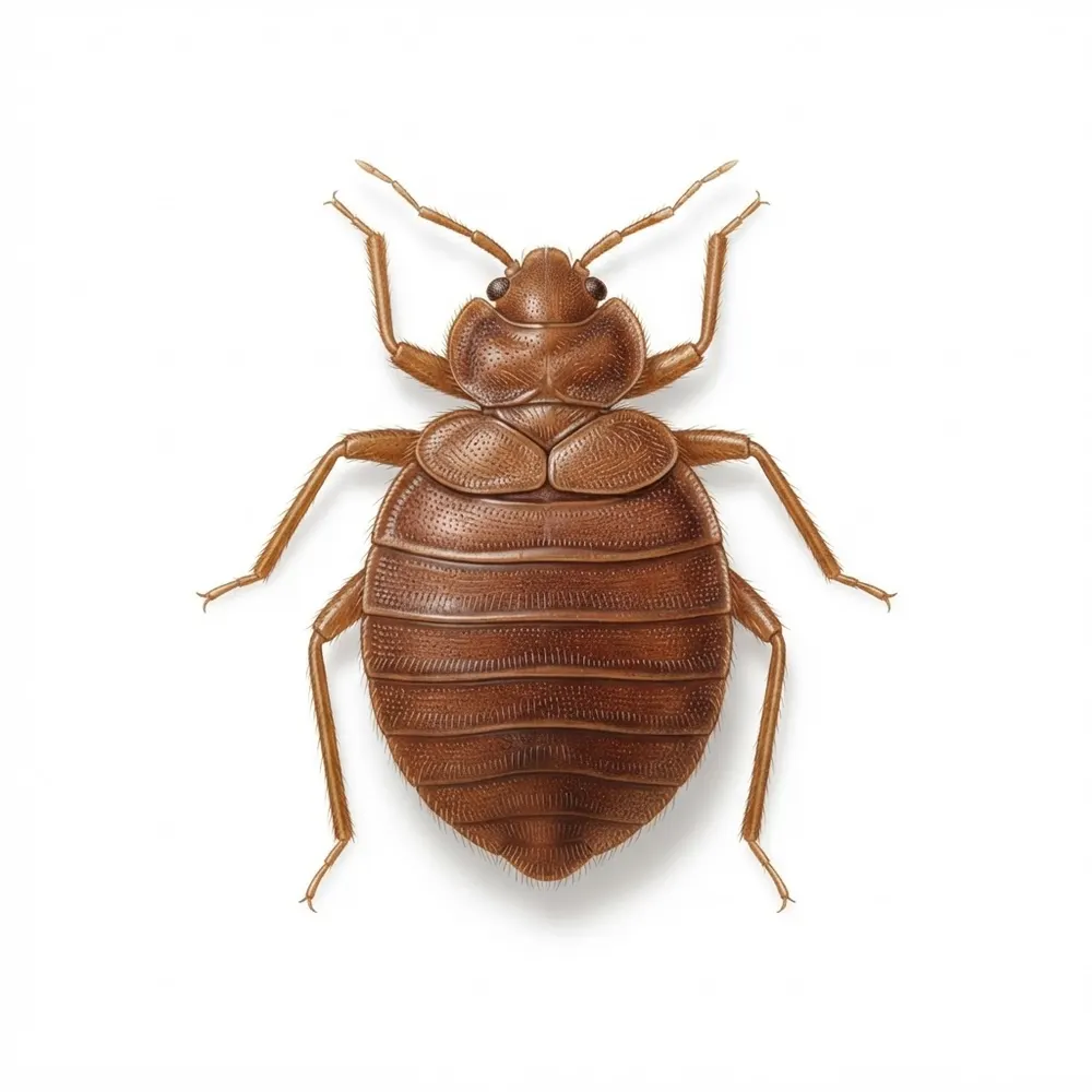 Punaise de lit adulte (Cimex lectularius) vue de dessus, corps ovale aplati brun-rouge