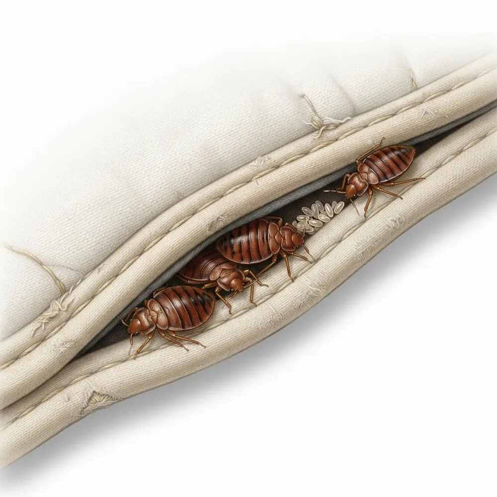 Punaises de lit cachées dans la couture et le passepoil d’un coin de matelas