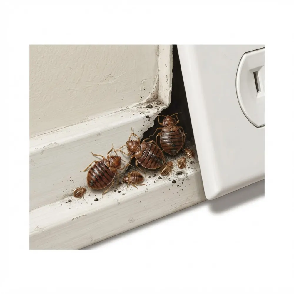 Punaises de lit réfugiées dans la fente derrière une plinthe et une prise électrique