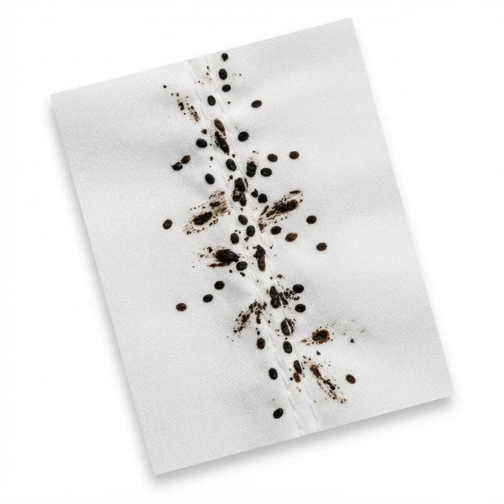 Taches noires de déjections de punaises de lit le long de la couture d’un drap blanc